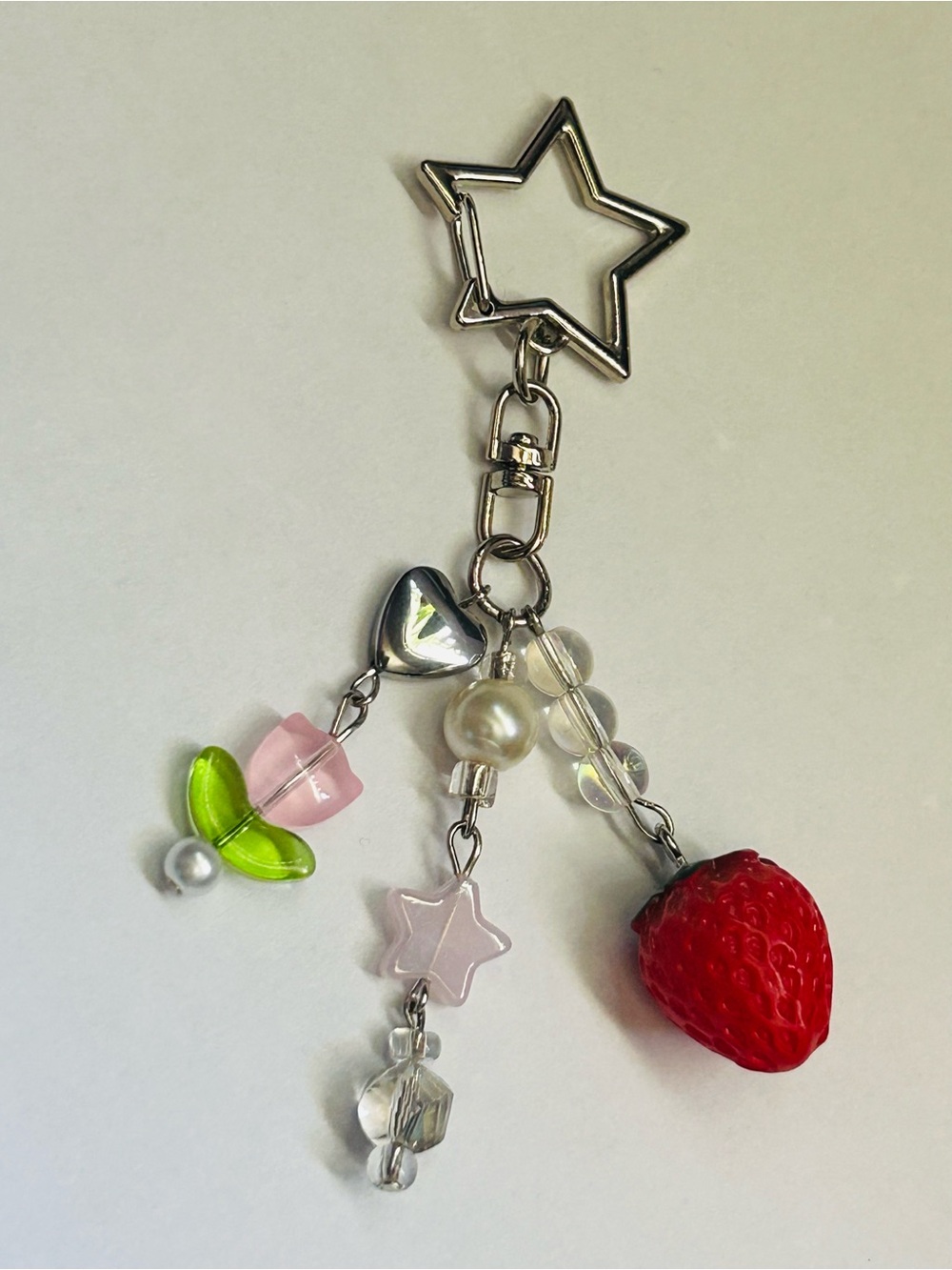 Handmade Star Keychain with Flower Charm and Strawberry